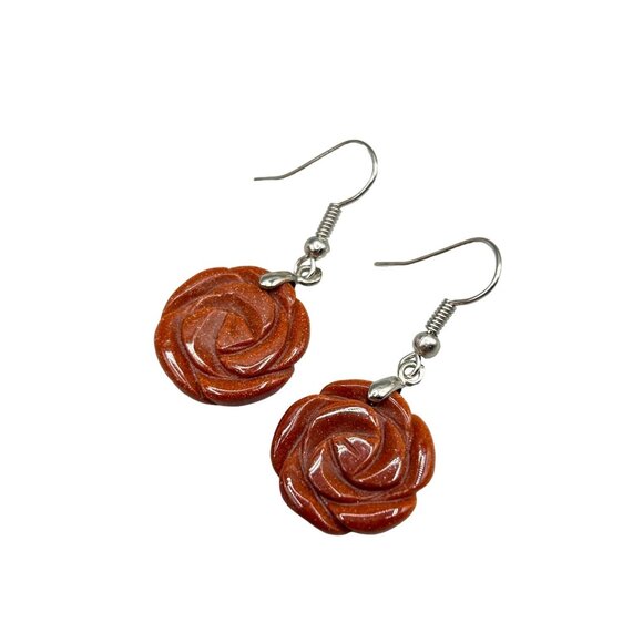Carved Roses Goldstone Earrings Pierced Dangles Small Floral Flowers Earrings - Picture 1 of 4